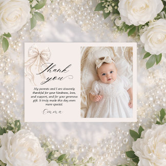 Doop Coquette Strik met Parel Foto Rechthoek Bedankkaart
