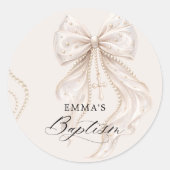 Doop Coquette Strik met Parel Ronde Sticker (Voorkant)