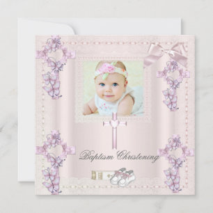 Doop Cream Roze Kruis Meisje Foto doopfeest Kaart