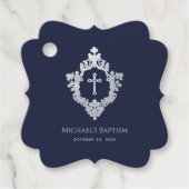 Doop Crest Navy Blue  Faux Silver Cross Bedankjes Labels (Voorkant)