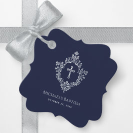 Doop Crest Navyblauw Vintage Nep Zilveren Kruis Bedankjes Labels