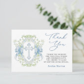 Doop Cross Crest Groen Baby Jongen Dank je Bedankkaart (Staand voorkant)