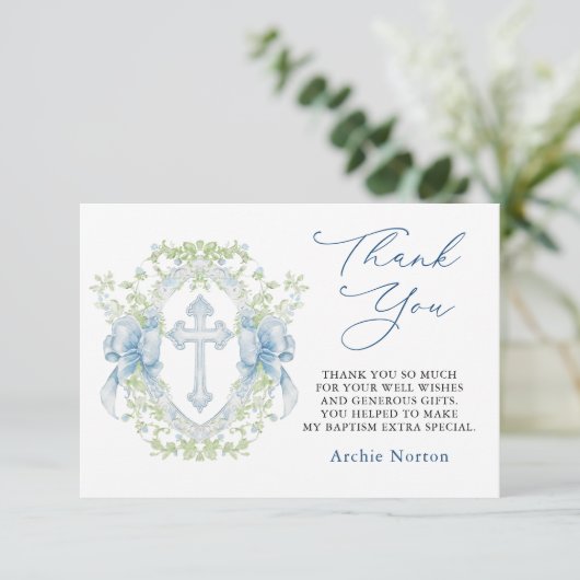 Doop Cross Crest Groen Baby Jongen Dank je Bedankkaart (Staand voorkant)