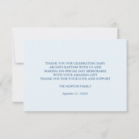 Doop Cross Crest Groen Baby Jongen Dank je Bedankkaart (Achterkant)