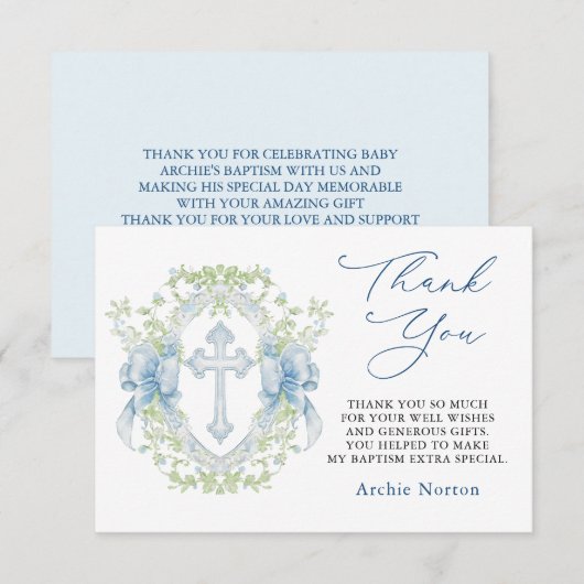 Doop Cross Crest Groen Baby Jongen Dank je Bedankkaart (Voorkant / Achterkant)