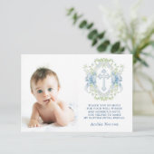 Doop Cross Crest Groen Baby Jongen Foto Bedankkaart (Staand voorkant)