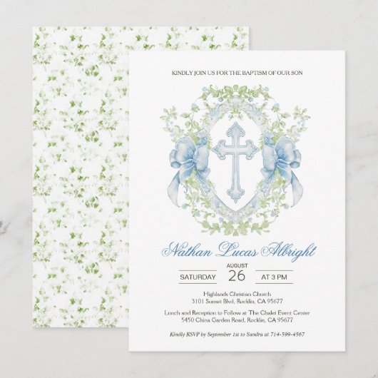 Doop Cross Crest Groen Baby Jongen Kaart (Voorkant / Achterkant)