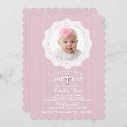 Doop Cross roze foto uitnodiging (Voorkant / Achterkant)