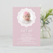 Doop Cross roze foto uitnodiging (Staand voorkant)