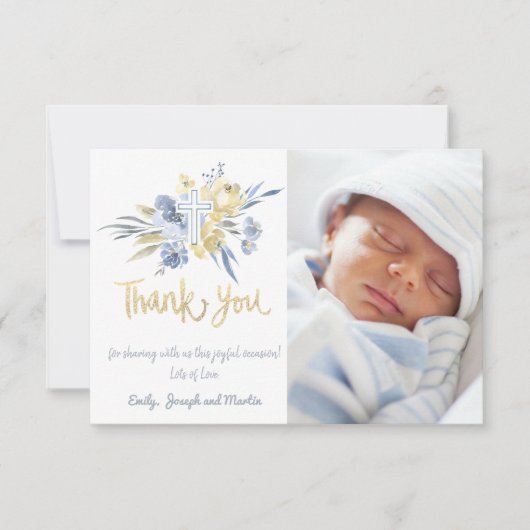 Doop Dank u Baby Jongen Blauw Geel Kaart (Voorkant)