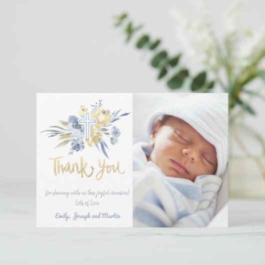 Doop Dank u Baby Jongen Blauw Geel Kaart (Staand voorkant)