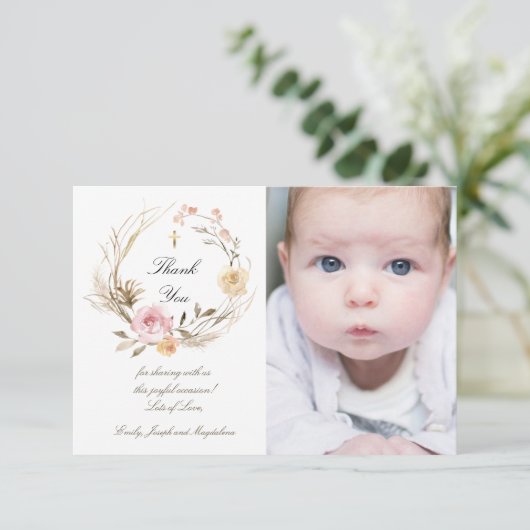 Doop dank u beige roze bloemen kaart (Staand voorkant)