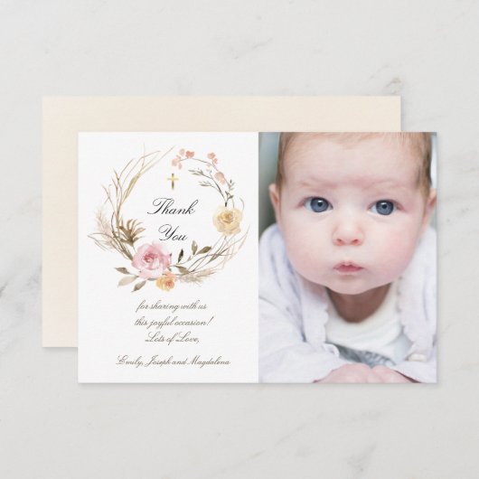 Doop dank u beige roze bloemen kaart (Voorkant / Achterkant)