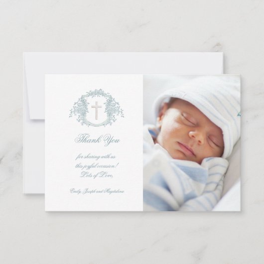 Doop dank u blauwe bloemkam kaart (Voorkant)