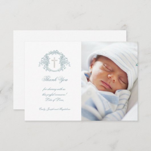 Doop dank u blauwe bloemkam kaart (Voorkant / Achterkant)