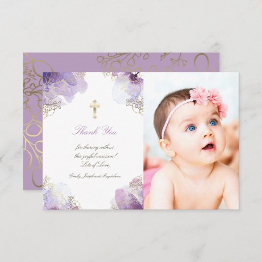 Doop dank u paarse waterverf bloemen kaart (Voorkant / Achterkant)