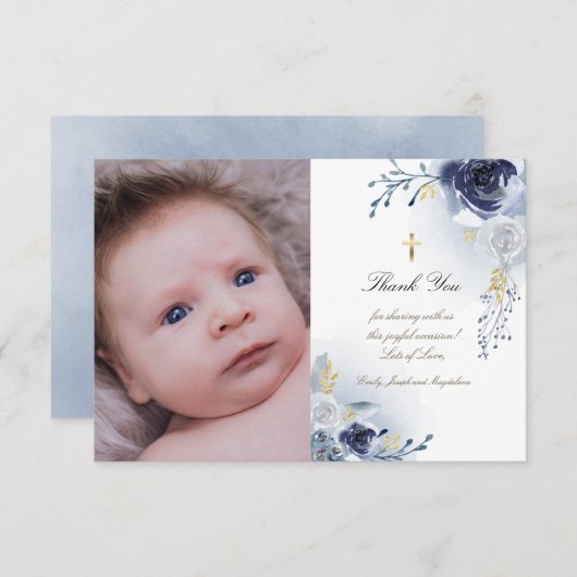 Doop dank u stoffige blauwe rozen kaart (Voorkant / Achterkant)