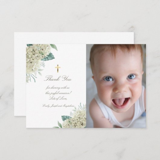 Doop dank u witte hortensia bloemen kaart (Voorkant / Achterkant)