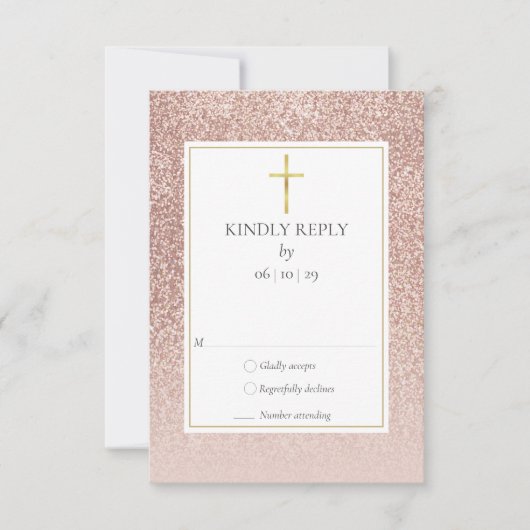 Doop doop doop Eerste Heilige Communie Roos Goud RSVP Kaartje (Voorkant)