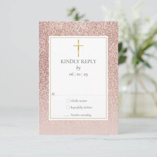 Doop doop doop Eerste Heilige Communie Roos Goud RSVP Kaartje (Staand voorkant)