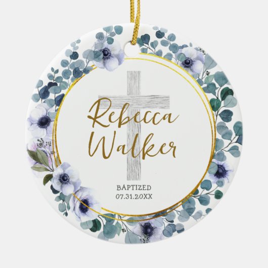 Doop doop Gouden Blauw Eucalyptus Bloemen Keramisch Ornament (Voorkant)