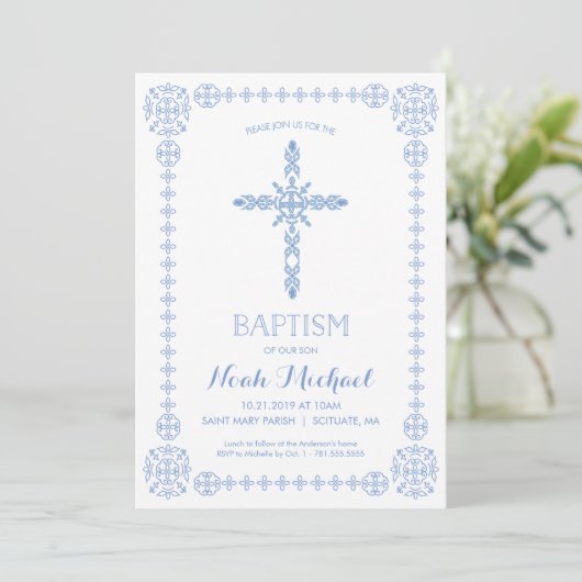 Doop, doop jongens uitnodiging Elegant kruis (Staand voorkant)