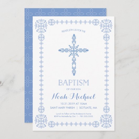 Doop, doop jongens uitnodiging Elegant kruis (Voorkant / Achterkant)