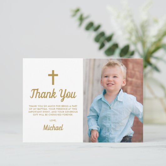 Doop doop religieuze jongen foto bedankkaart (Staand voorkant)