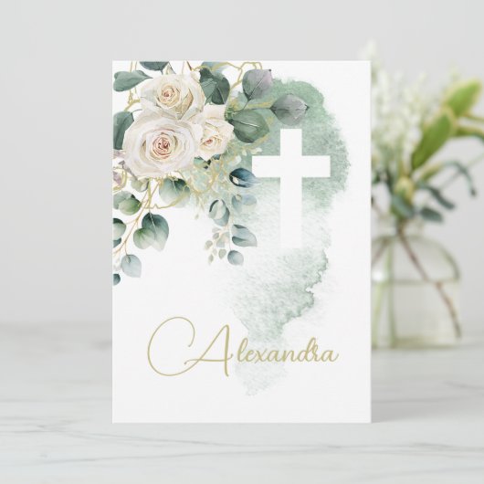 Doop doop Rozen Groen Religieus Kruis Kaart (Staand voorkant)