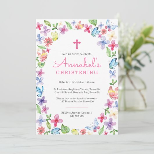 Doop Doop Uitnodiging Vlinder Bloemen (Staand voorkant)