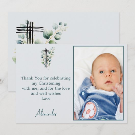Doop doopsel moderne jongen dank u foto kaart (Voorkant / Achterkant)