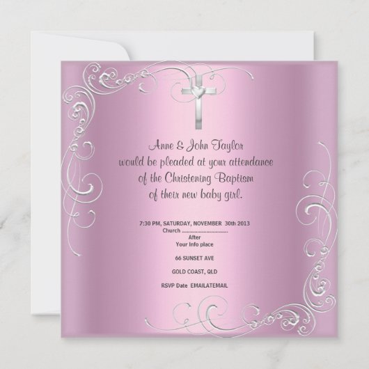 Doop Doping Baby Meisje Zilver Roze Kruis Kaart (Achterkant)