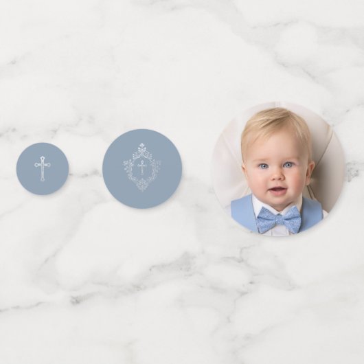 Doop Dusty Blue Elegant Boy Foto Cross & Crest Confetti (Achterkanten)