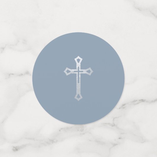 Doop Dusty Blue Elegant Boy Foto Cross & Crest Confetti (Kleine voorkant)