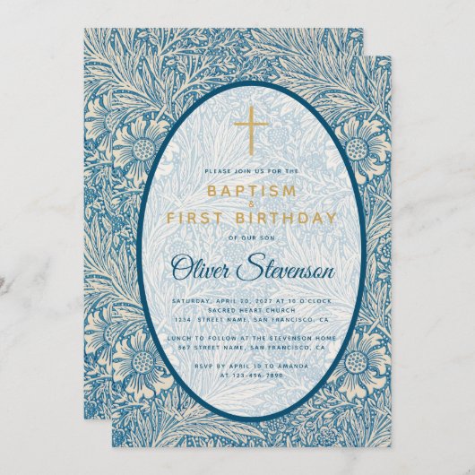 Doop Eerste Verjaardag Blauw Wit Bloemen Marigold Kaart (Voorkant / Achterkant)