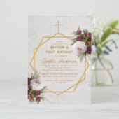 Doop Eerste Verjaardag Bourgondische pioen Marmer  Kaart (Staand voorkant)