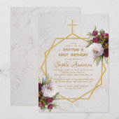 Doop Eerste Verjaardag Bourgondische pioen Marmer  Kaart (Voorkant / Achterkant)