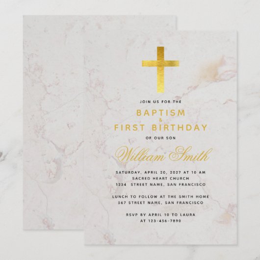 Doop & Eerste Verjaardag Faux Gold Cross Marmer Kaart (Voorkant / Achterkant)