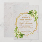 Doop & Eerste Verjaardag Gouden Lelies Marmeren Bl Kaart (Voorkant / Achterkant)