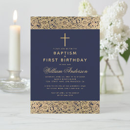 Doop Eerste verjaardag Navyblauw Gouden Rozen Jong Kaart