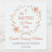 Doop eerste verjaardag roze bloemen in het Spaans Wijn Etiket (Enkel label)