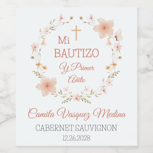 Doop eerste verjaardag roze bloemen in het Spaans Wijn Etiket (Enkel label)
