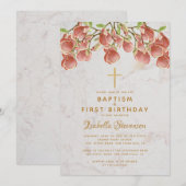 Doop Eerste Verjaardag Roze Magnolia Kruis Marmer Kaart (Voorkant / Achterkant)