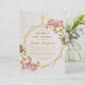Doop Eerste Verjaardag Roze Orchideeën Goud Marmer Kaart (Staand voorkant)