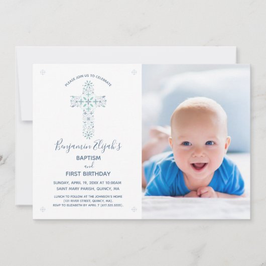 Doop Eerste Verjaardag Uitnodiging, Foto & Kruis Kaart (Voorkant)