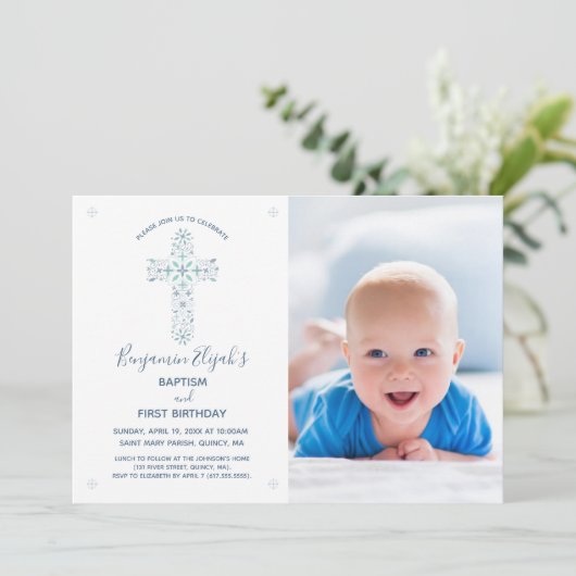 Doop Eerste Verjaardag Uitnodiging, Foto & Kruis Kaart (Staand voorkant)