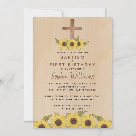 Doop Eerste Verjaardag Zonnebloem Hout Kruis Rusti Kaart (Voorkant)