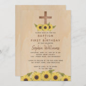 Doop Eerste Verjaardag Zonnebloem Hout Kruis Rusti Kaart (Voorkant / Achterkant)