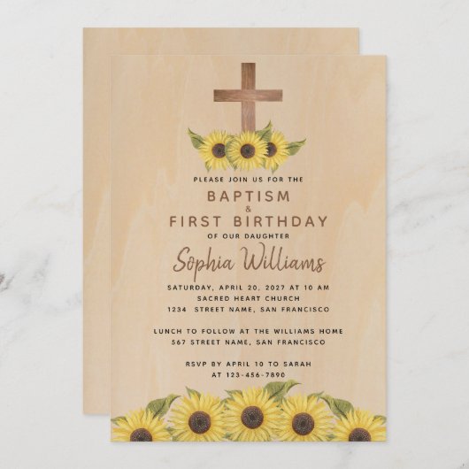 Doop Eerste Verjaardag Zonnebloem Hout Kruis Rusti Kaart (Voorkant / Achterkant)