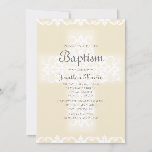 Doop Elegant Wit Beige Damask Christelijk Cross Kaart (Voorkant)